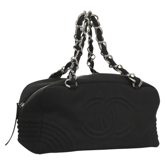 CHANEL COCO Mark Chain Hand Bag Cotton Black Silver CC Auth BD2146 - Picture 1 of 16